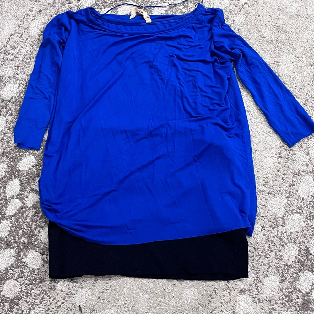 Retro Flowy Blue Women's Top with Skirt Attached Tunic Long Dress
